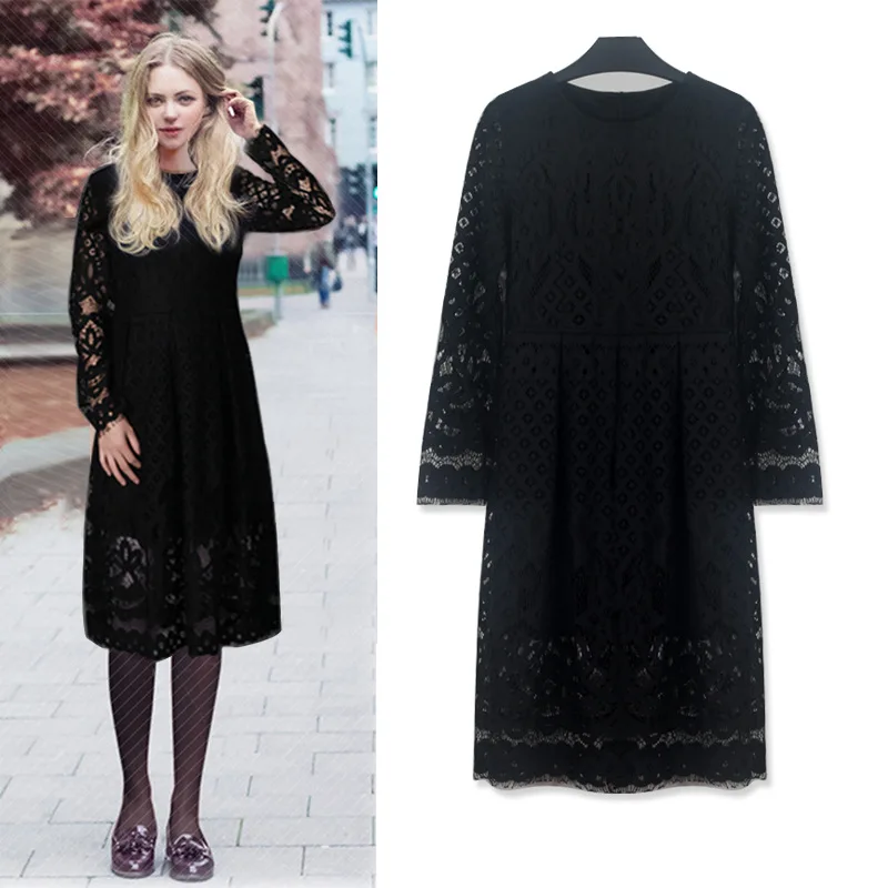 Nadměrné módní šněrování šatech woemn velké velikosti dámské 2016 podzim nové šaty dlouhý rukáv duté o krk volné černé krajkové šaty