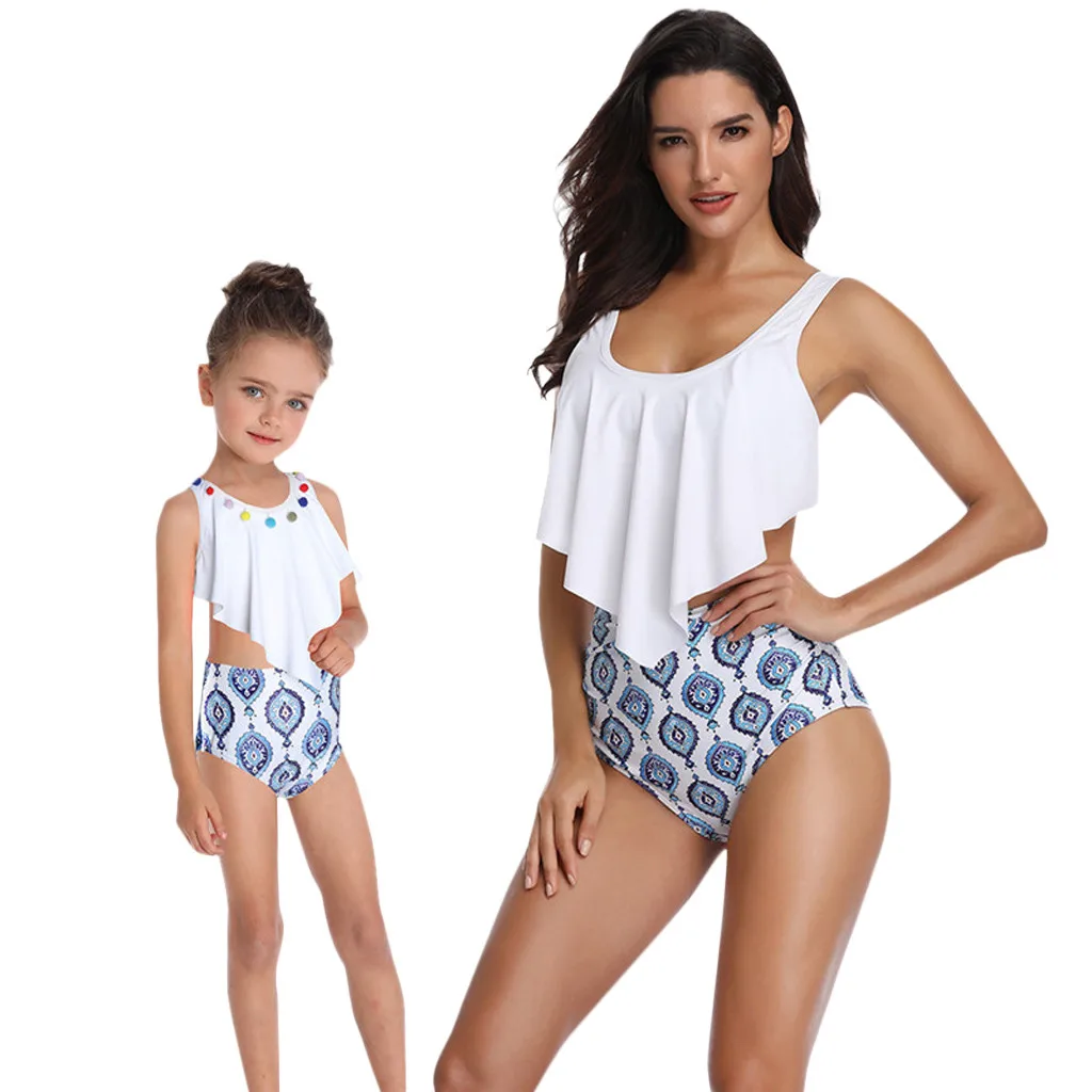 

mommy and me swimwear bow swimsuit family matching clothes outfits sleeveless tops print high waist mother and daughter swimsuit