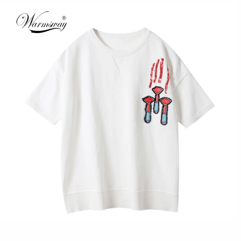 New Runway Knitting Summer Red Lip Stick Beading Top harajuku Pattern Sequins T-shirts Short Sleeve Casual Female Tee  B-135