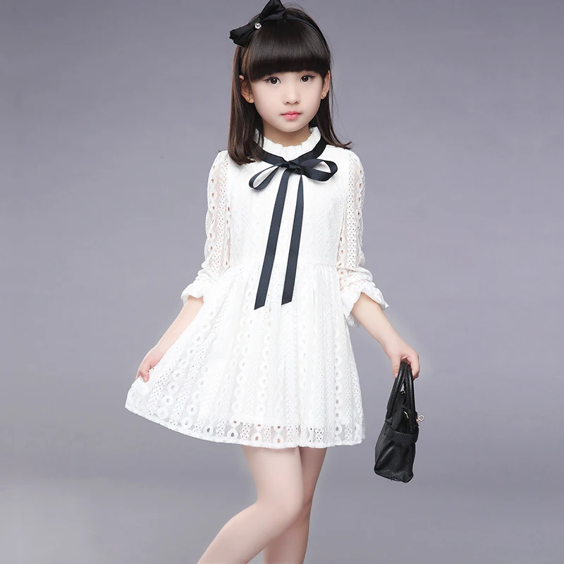 2017 Girls Dress New Summer Children Hollow Out Lace Princesess Solid