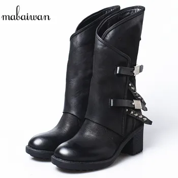 

Mabaiwan Original Design Women Shoes Winter Patchwork Retro Mid Calf Boots High Thick Heel Genuine Leather Shoes Woman's Pumps
