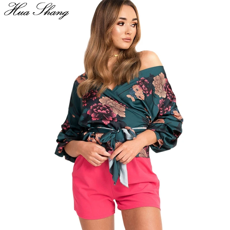 

Floral Boho Summer Tops Women 2018 Fashiong Lantern Sleeve V Neck Lace Up Bow Tie Wrap Blouse Elegant Sexy Women Chiffon Blouse