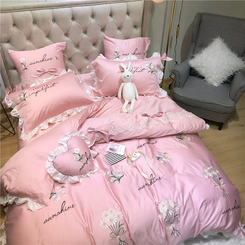 Little Daisy embroidery Bedding Sets girls Beddingset egyptian cotton Bed Linen Duvet Cover Bed Sheet Pillowcase/bed Sets 4/7pcs