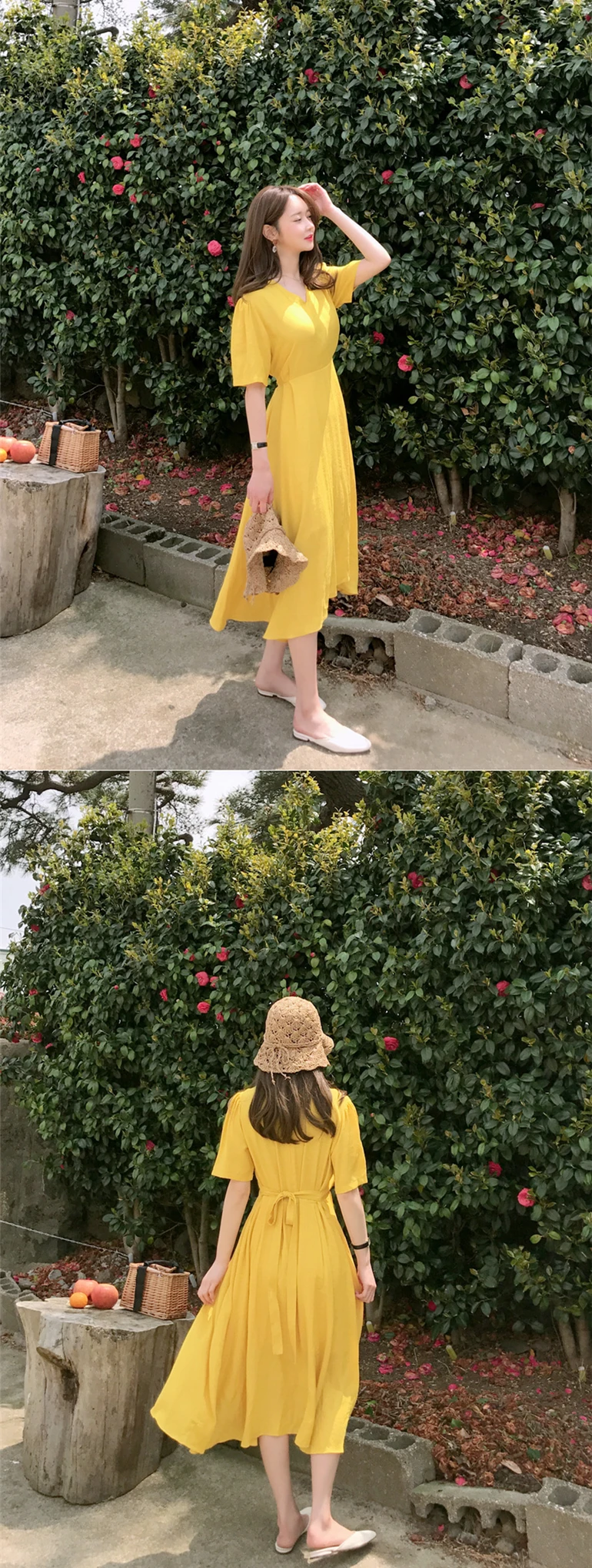 Летняя новая женская одежда, корейское тонкое шифоновое длинное платье с коротким рукавом и v-образным вырезом на талии, желтое женское платье средней длины с поясом