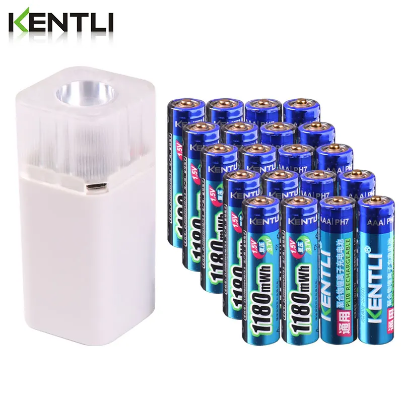 Goede KENTLI 1.5v 1180mWh AAA oplaadbare lithium polymeer batterij + 4 slots aa aaa lithium batterij lader met zaklamp