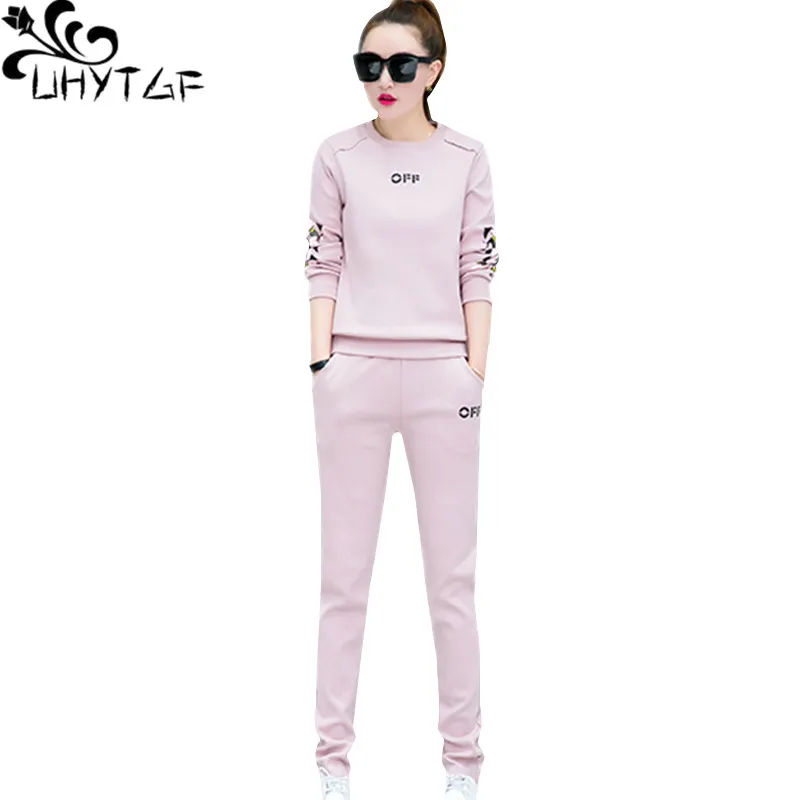 

UHYTGF Casual plus size tracksuit for women sets Long sleeve O Neck tops and sport trousers spring autumn 2 piece set women1357