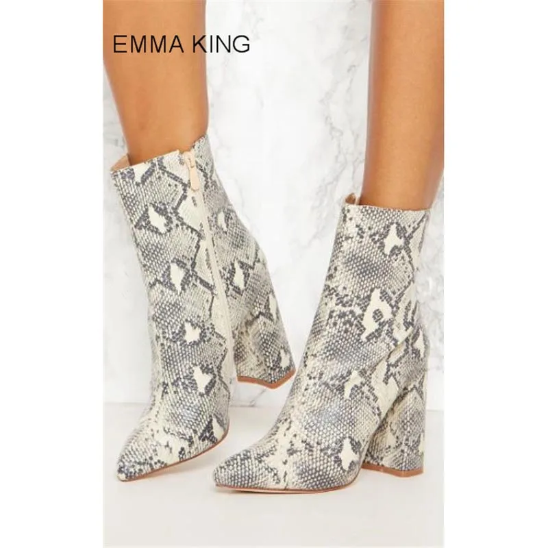 

EMMA KING Snake Print Women Autumn Boots Square High Heels Pointed Toe Mid Calf Ladies Side Zipper Shoes Moda Mujer 2018