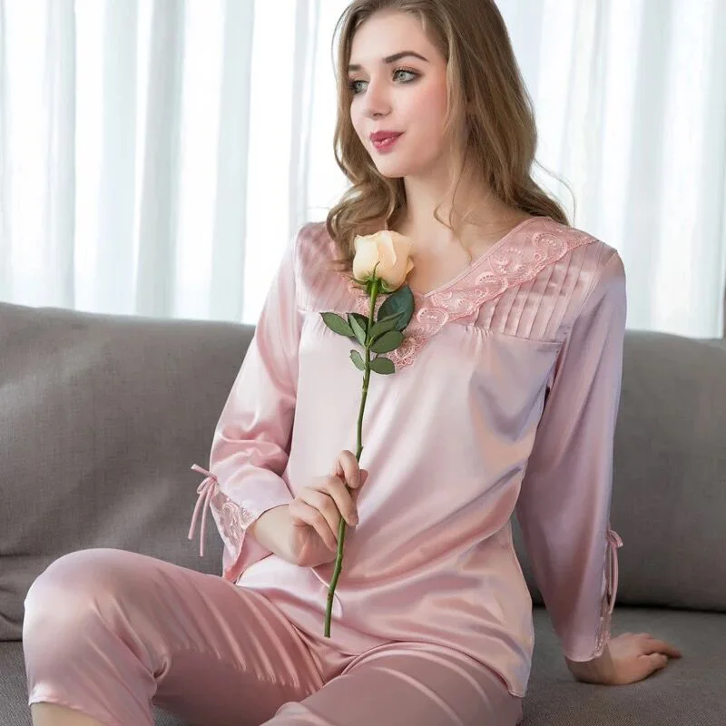 

CEARPION Spring Women Elegant Pajama Set V-neck Sleepshirt & Short Set Sexy Lace Sleepwear Suit Ladies Pajamas Homewear