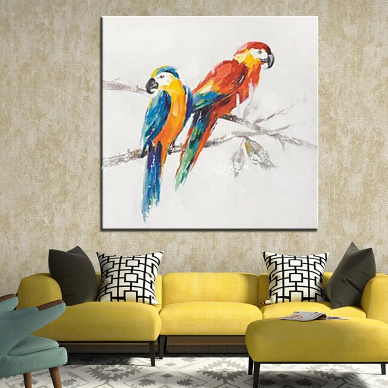 Large Handpainted Abstract Cartoon Oil Paintings on Canvas Modern Home Decor Wall Art Cute Animal Parrot Birds Painting Pictures | Дом и сад