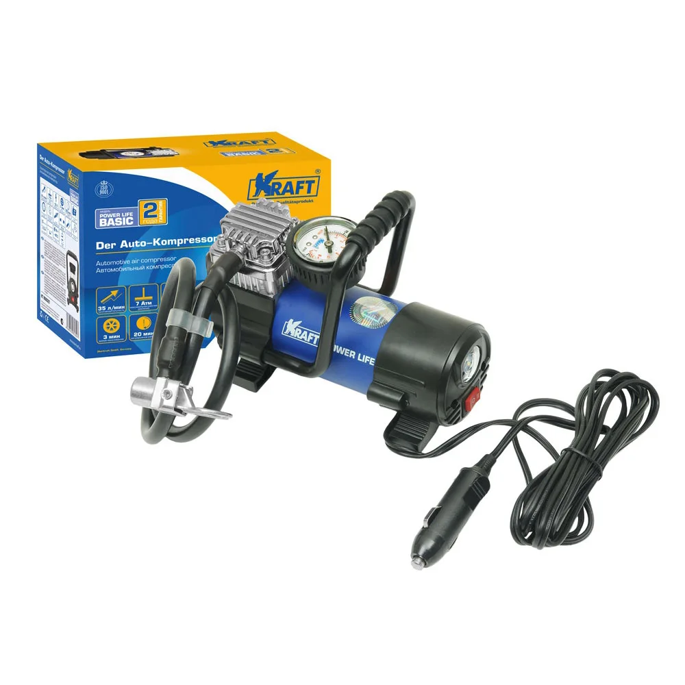 Компрессор автомобильный KRAFT КТ 800027 Power Life BASIC (Максимальное давление 7 атм, производительность 35 л.мин,  напряжение питания 12В, прикуриватель или клеммы АКБ, сумка)