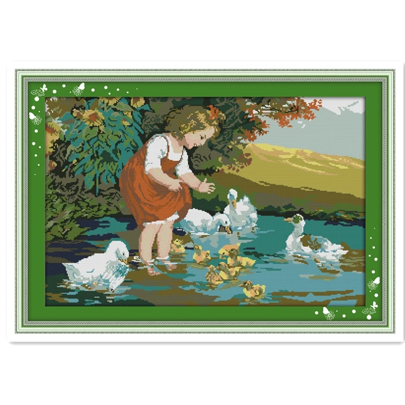 

The Little Girl And Ducks In Pool 11CTPatter Printed 14CT Cross Stitch DIY Chinese Cotton Cross-stitch Kit Embroidery Needlework