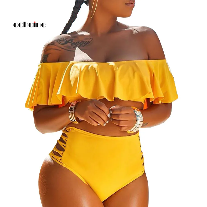 

Echoine Women Sexy 2 Piece Set Ruffled Slash Neck Sleeveless Crop Tops Cross Bandage Hollow Out Shorts Swimming Suits Sportswear