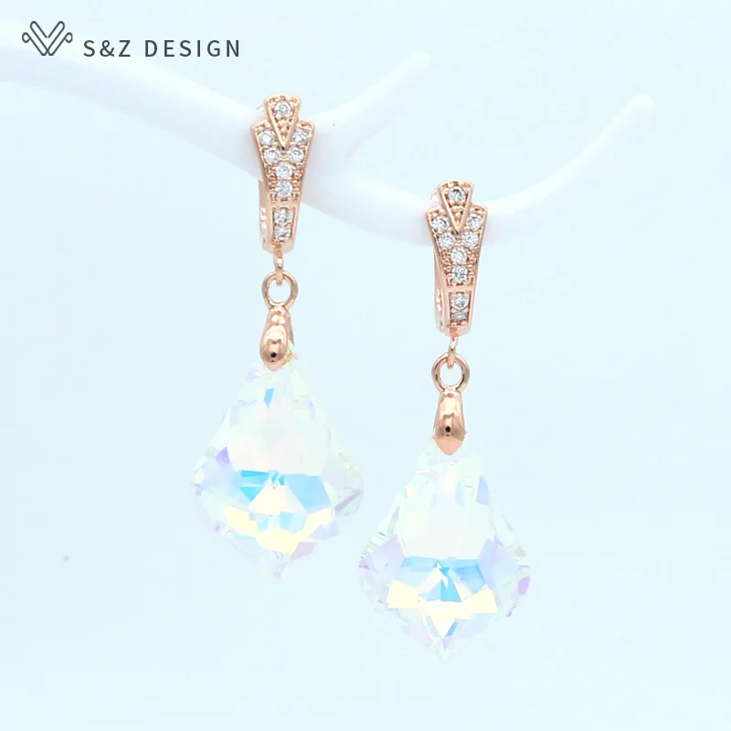 S&Z DESIGN New Fashion Imitation Crystal Water Drop Dangle Earrings For Women Wedding Party Gift 585 Rose Gold Color Eardrop