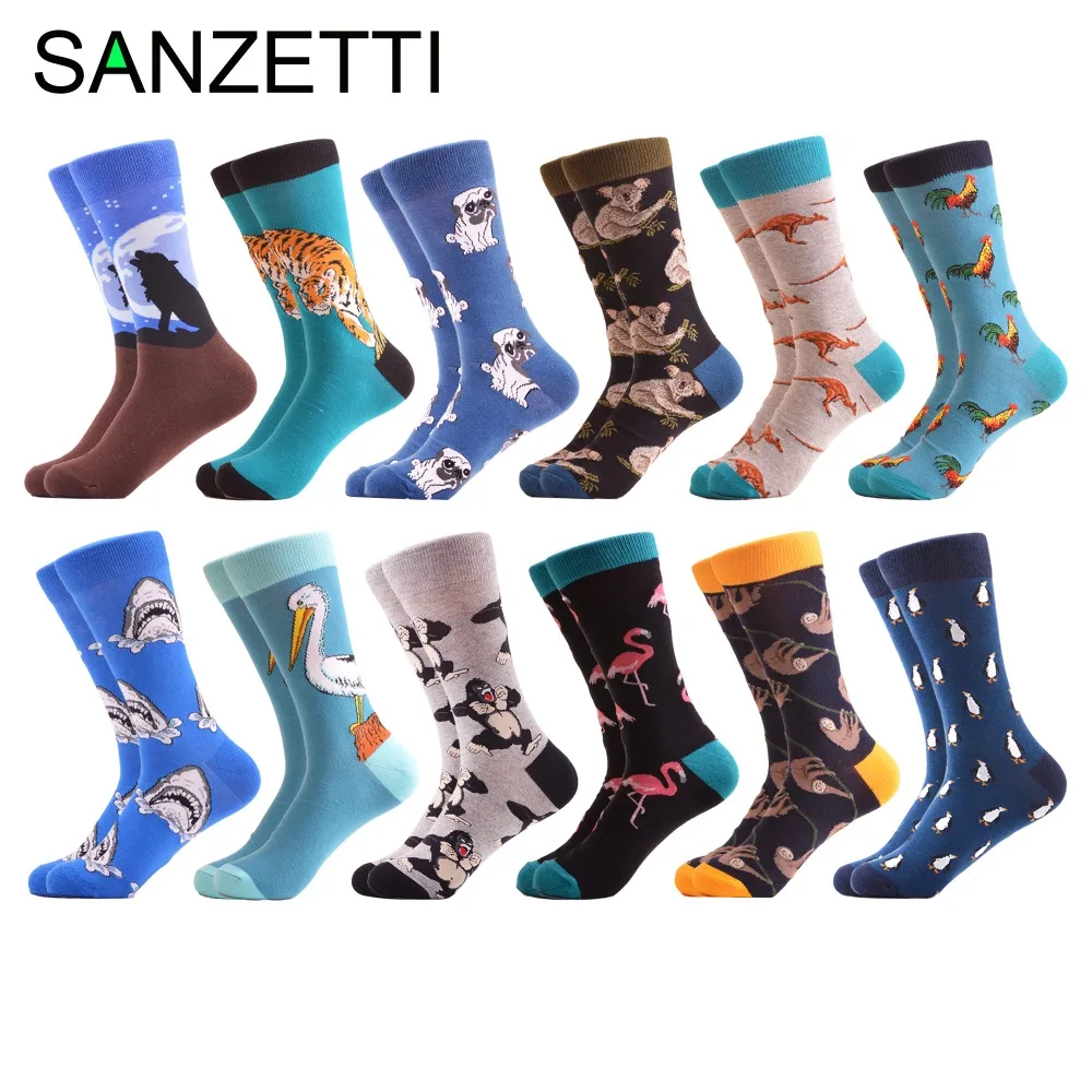 SANZETTI 12 Pairs/lot Men's Novelty Pattern Funny Combed Cotton Party