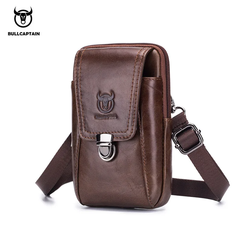 

BULLCAPTAIN2019 100% leather purse strap pockets mobile phone bag travel pockets men's small waist bag fashion casual bag men's