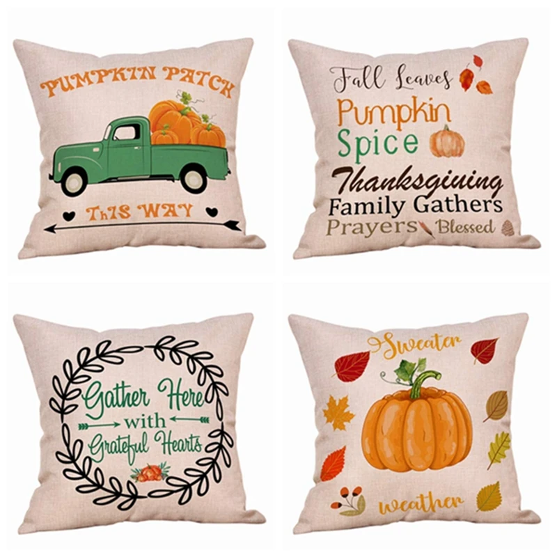 

4 Pack Let's Fall in Love Quotes Throw Pillow Case Truck with Pumpkins Halloween Thanksgiving 18 x 18 Inch Cotto