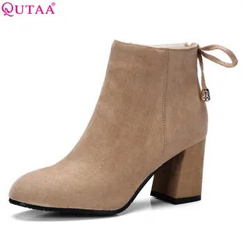 

QUTAA 2018 Concise Women Ankle Boots Scrub Zipper Square High Heel Pointed Toe Elegant Apricot Women Motorcycle Boots Size 34-43