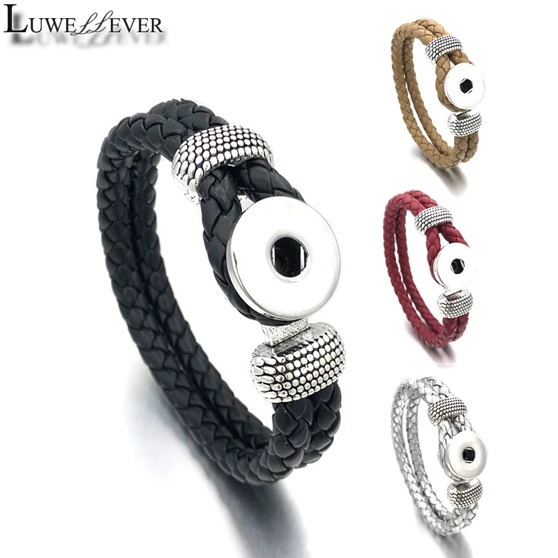 

New Handmade Woven Bracelet 131 Interchangeable Pu Leather 18mm Snap Button Bangle Charm Jewelry For Women Men Gift 20cm