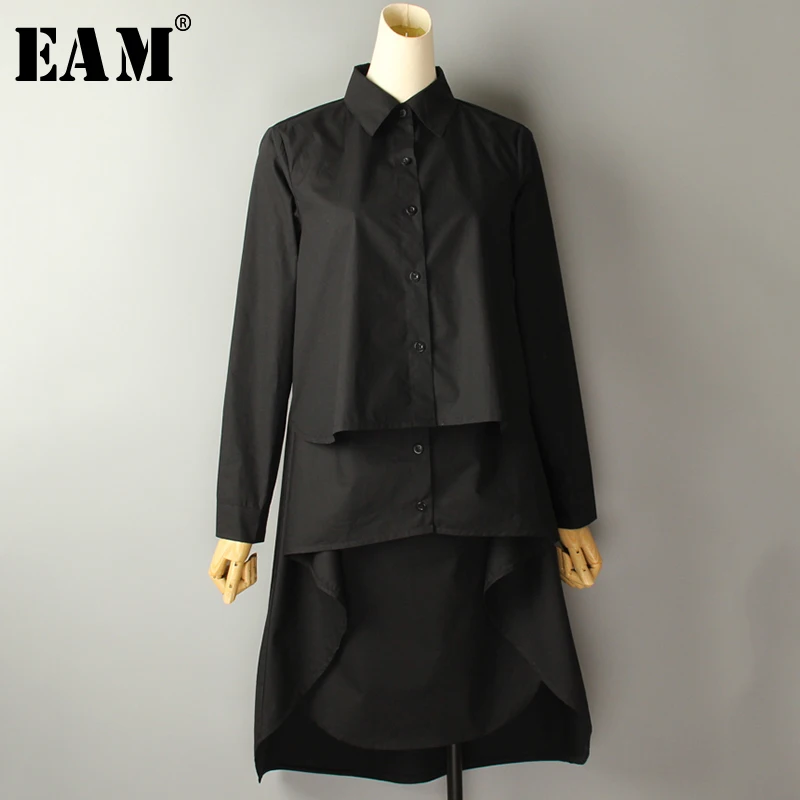 

[EAM] 2019 New Autumn Winter Black Loose Casual Long Sleeve Turn-down Collar Asymmetric Length Shirt Women Fashion Tide LA944