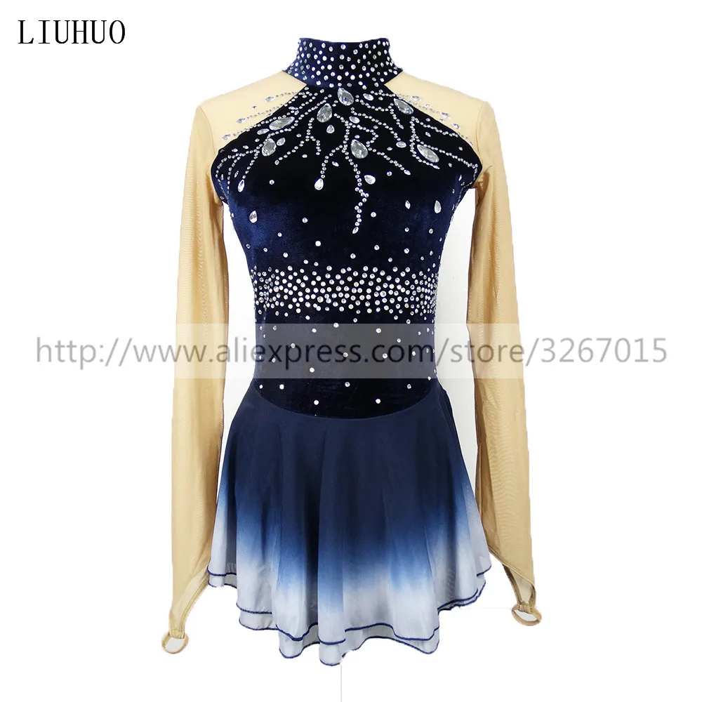 

Figure Skating Dress Women's Girls' Ice Skating Dress Stand collar long sleeve Dark blue Sparkling rhinestones performance skirt