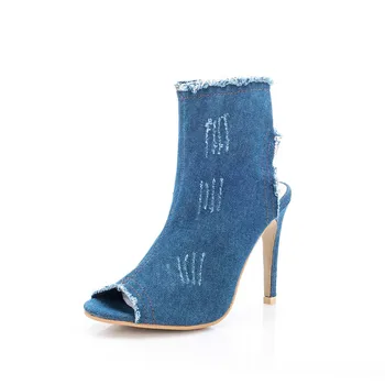 

Nice Summer Cool Women Denim Sandals Ladies Side Zipper Mature Stilettos Heels High Heels Boots Girls Fashion Fish Mouth Shoes