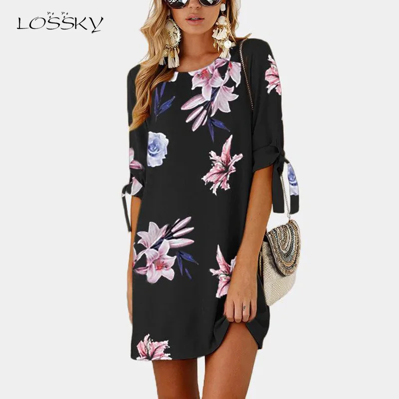

Lossky Summer Dress Loose Plus Size Dresses For Women 6XL Boho Style 10 Color Casual Printed O-neck Middle Sleeve Mini Dress