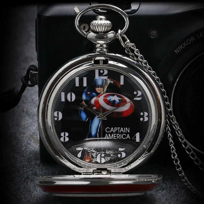 Fashion Cool Captain America Avengers Shield Quartz Pocket Watch Set Necklace Fob Chain Gift Box for 3