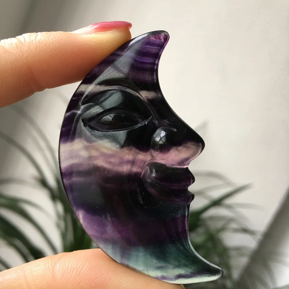 

35g Wholesale natural hand carved quartz crystal fluorite Moon Face for gift