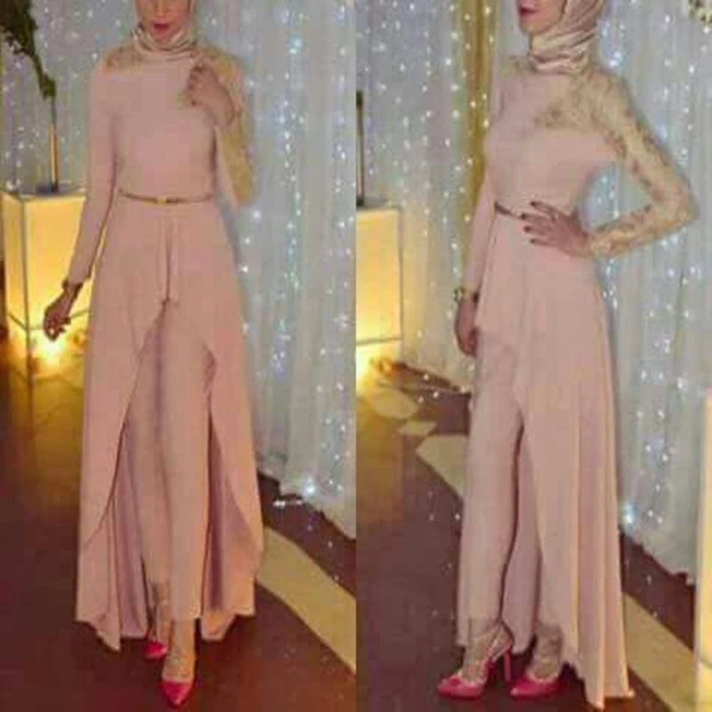 Новое поступление, розовое мусульманское вечернее платье, кружевное с бусинами, с длинным рукавом, вечернее платье, es брюки, торжественное платье