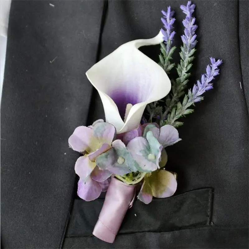 High Quality Purple Corsage Lots From 4pieces Lot Purple Calla Lily Flower Corsage Groom Groomsman Wedding Party Man Suit Decoration Men