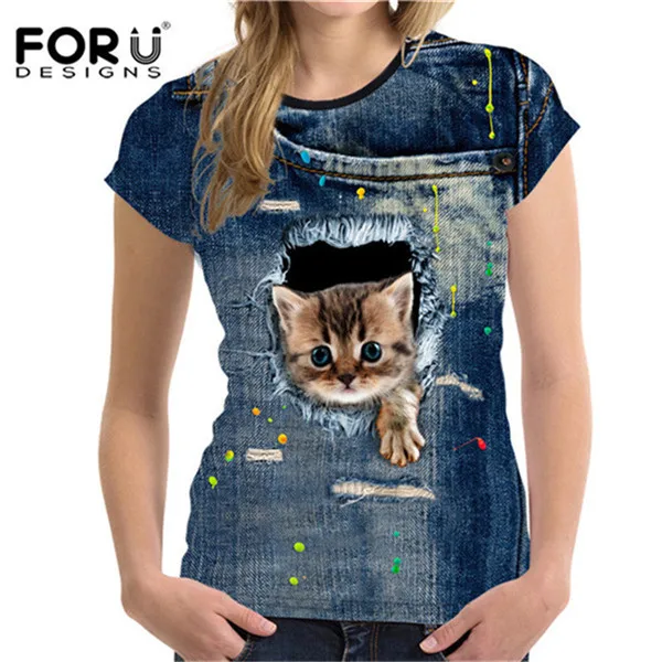 FORUDESIGNS/футболка с милым котом для женщин, Летний стиль, короткий рукав, женские футболки, 3D черный деним, с карманом, футболки для девочек, ropa mujer - Цвет: CA4912BV