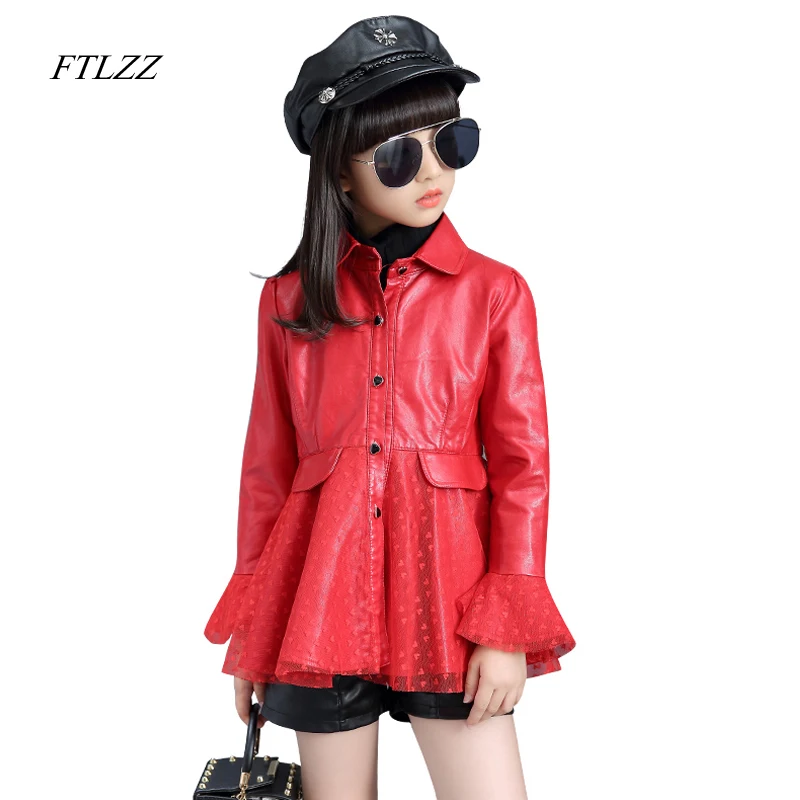 

FTLZZ Big Baby Girls Pu Leather Patchwork Lace Jackets Coats Spring Autumn Fashion Kids Girls Leather Jackets Children Outerwear