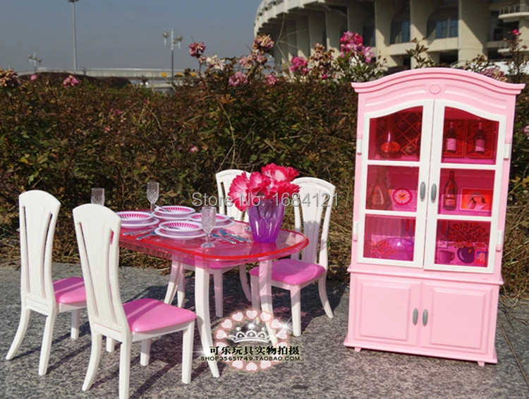 Для девочек подарок на день рождения игровой набор пластиковых Мебель Кухня аксессуары обеденный стол+ винный шкаф для куклы Барби