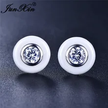 JUNXIN, круглые белые серьги-гвоздики из керамики для женщин, 925 пробы, заполненные серебром, Двойные серьги с австрийским кристаллом, женские свадебные CZ