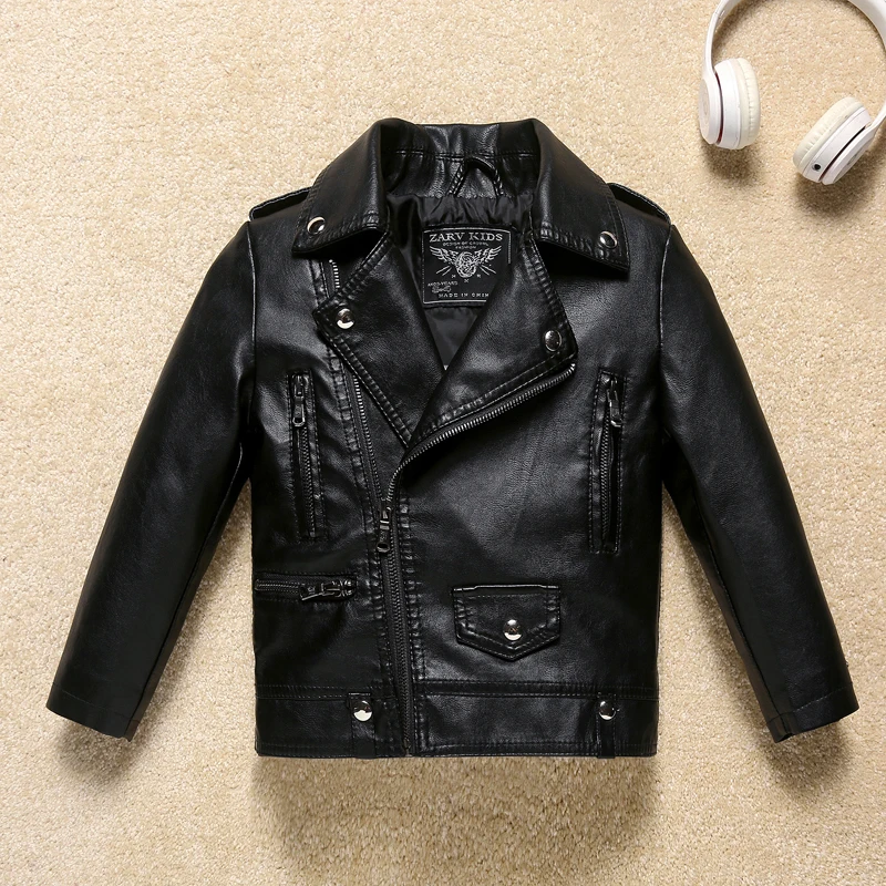 AD Solid Black Boys Leather Jacket Cool Children's Bomber Kids Clothing