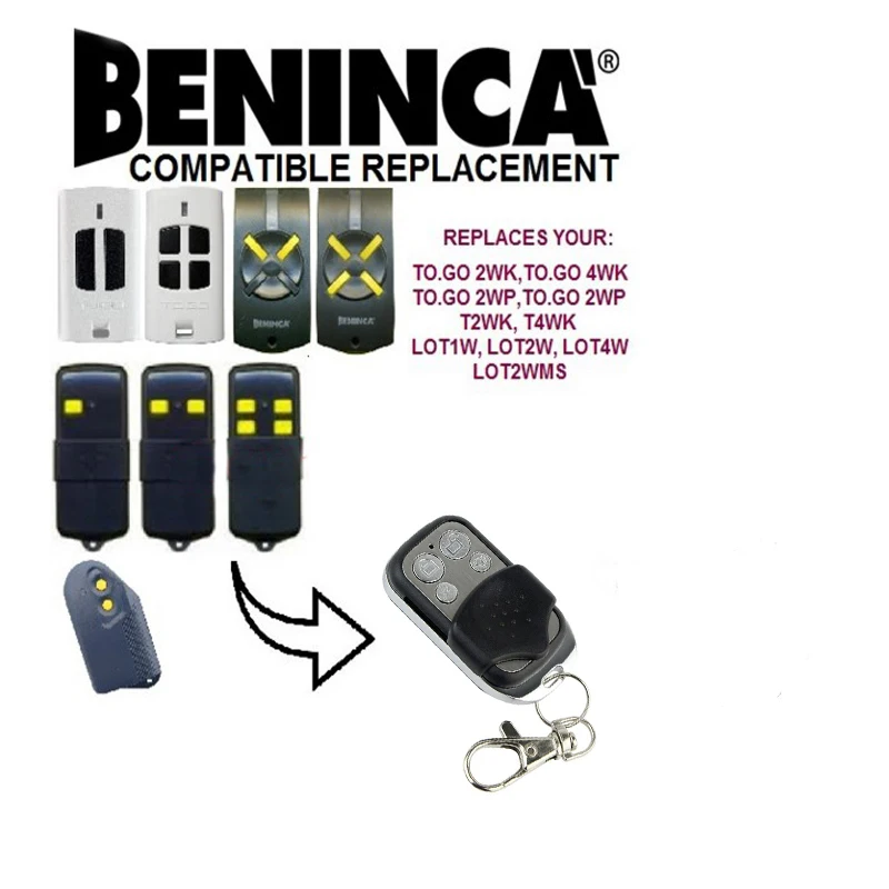 

BENINCA TO.GO 4WK, TO.GO 2WP,TO.GO 4WP,T2WK,T4WK,LOT1W,LOT2W,LOT4W,LOT2WMS universal replacement remote control fixed code