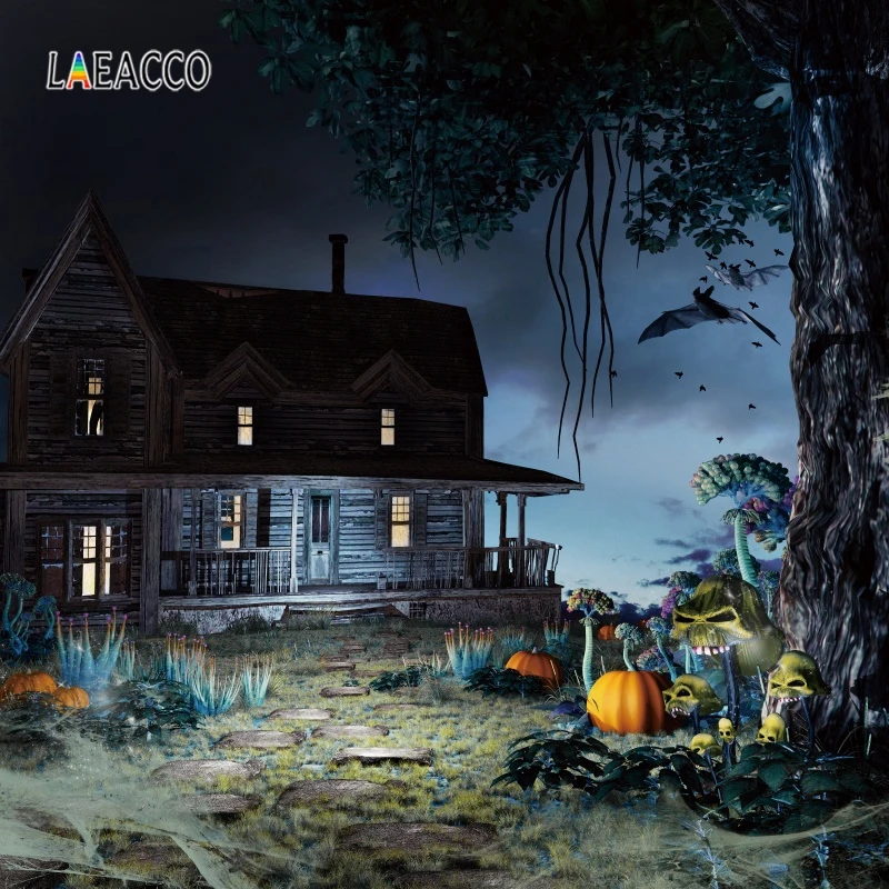 

Laeacco Halloween Old House Pumpkin Ghost Tree Bat Photography Backgrounds Customized Photographic Backdrops For Photo Studio
