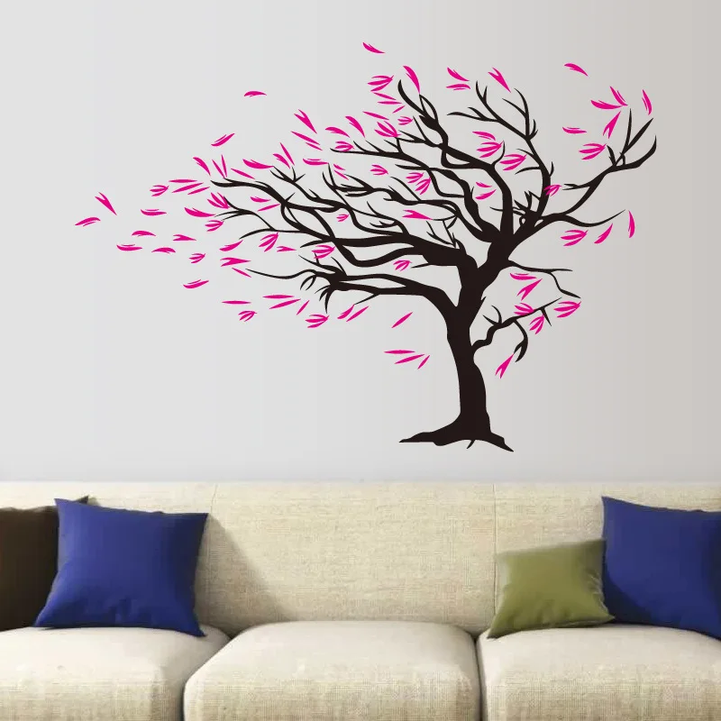 

Large Size Big Tree with Pink Flower in the Wind Wall Stickers Background Living Room Bedroom Art Decals Kids Room Murals Poster