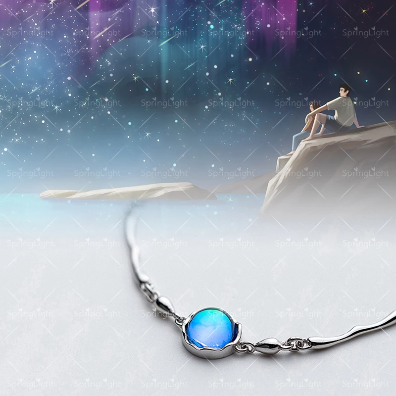 Весенний свет аврора дизайн синий ореол Кристалл Настоящее 925 пробы серебряные ювелирные изделия драгоценный камень браслет для женщин Мода девушки подарок