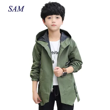 

2019 autumn new fashion big boys long sleeve jackets children's hooded ribbon zipper trench Splice clothes for kids outerwear