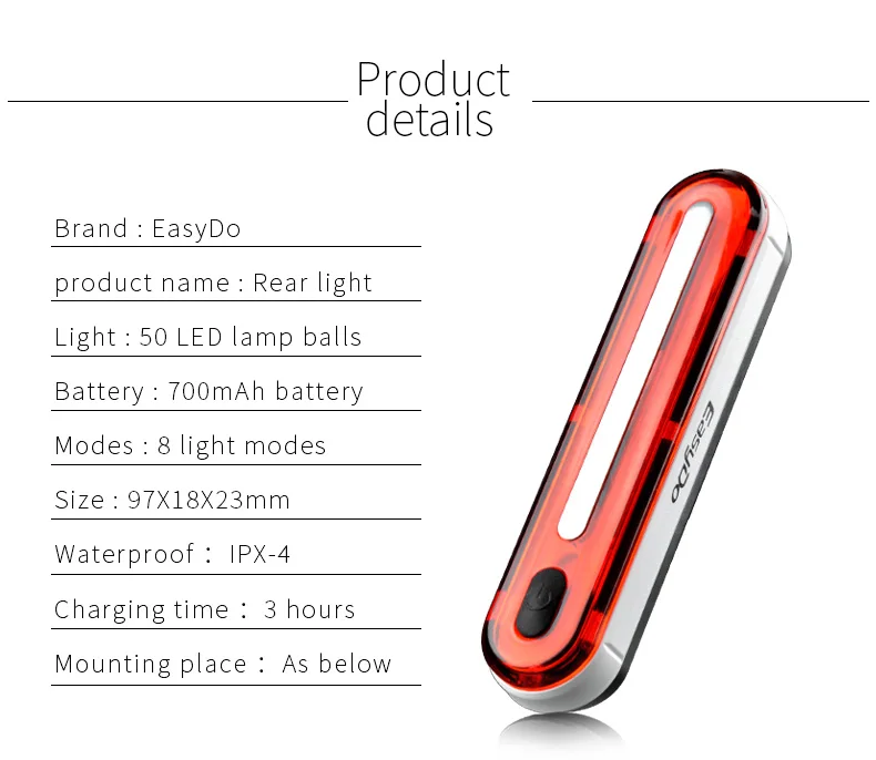 EasyDo USB Перезаряжаемый велосипедный фонарь штатив с пневматическим амортизатором/сумка свет/седло, штырь света 50 светодиодов 3 фиксированных способа Аксессуары для велосипеда