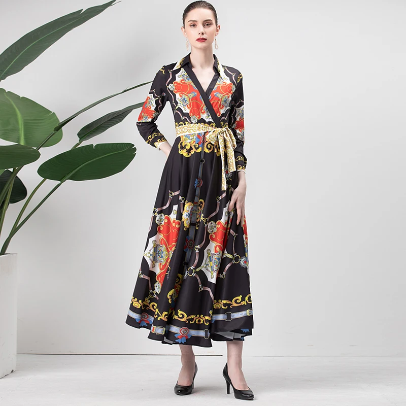

2019 Spring Pretty Print Long Dress Sweet Fashion Full Sleeve Turn-down Collar Black Mid-Calf Length Female Dress With Sashes