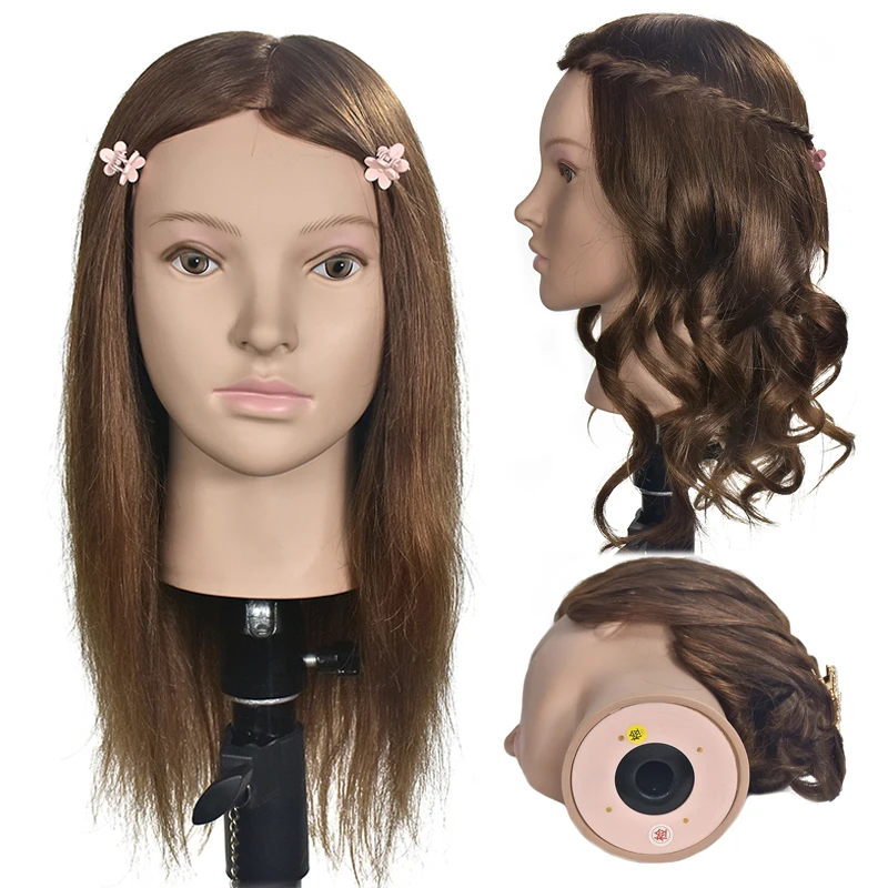 Женский 16 "Парикмахерские тренировочные головки с 100% настоящие человеческие манекен с волосами голова для причесок Практика кукла-манекен