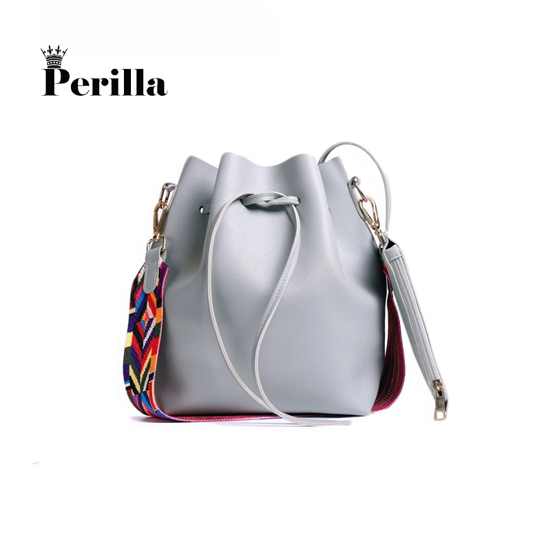 

Perilla Brand Women Fashion Colorful Strap Bucket Bag High Quality Brand Designer Girl Crossbody Bag Pu Leather Shoulder Bag