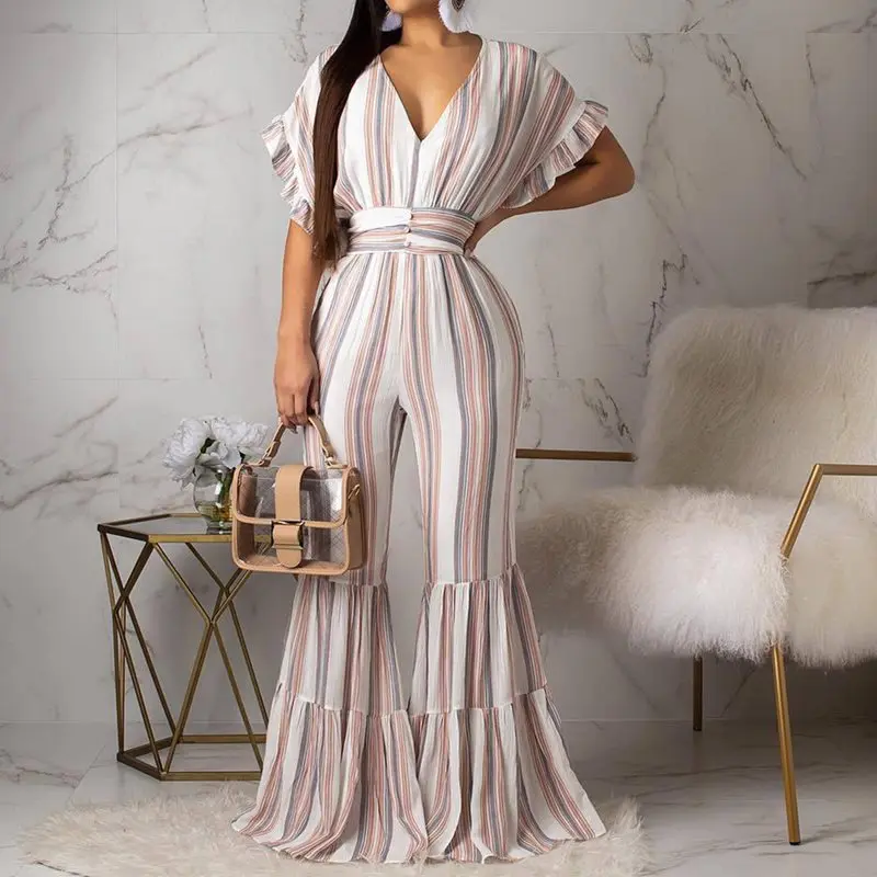 

Summer Fashion Stripe Sexy Jumpsuit Women V Neck Ruffle Flare Pants Travel High Waist Slim Rompers African Casual Long Jumpsuits