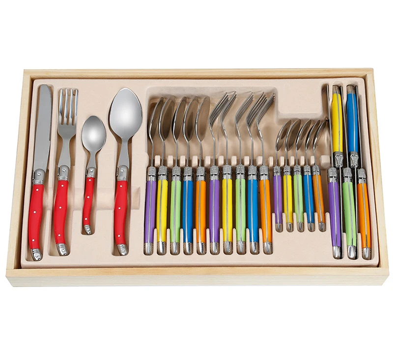 

Laguiole 24pcs Dinnerware Flatware Set Stainless steel steak knife Fork Spoon with Multicolor ABS Plastic Handles Y
