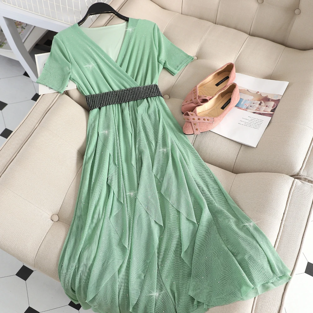 

SKOONHEID Elegant Sequined Women Ruffle Dress Vintage Office Short Sleeve Shiny Party Dress Holiday Summer Long Sequins Sundress