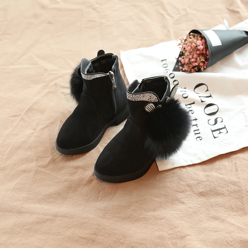 2018 Girls Rhinestone Glitter Boots with cashmere cotton, Bunny Ears, Kids lovely Fur Ball winter warm shoes, black and Red   (12)