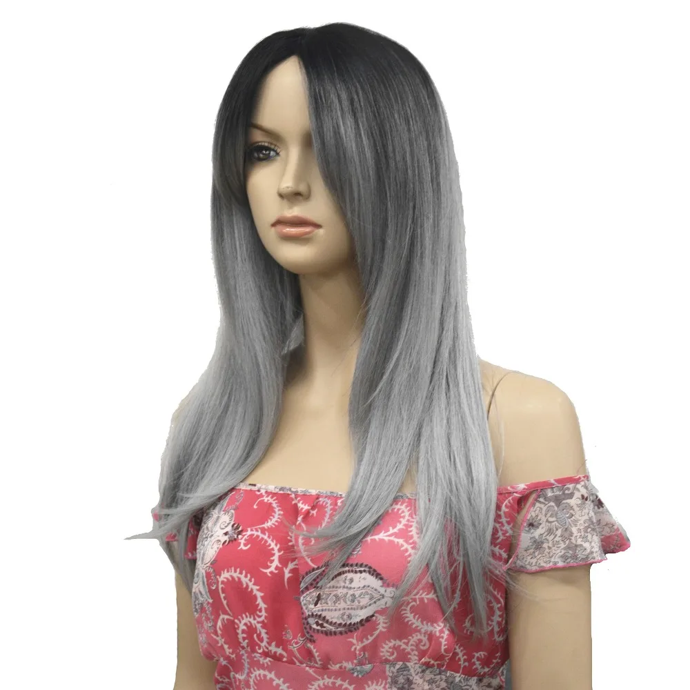 Ombre Two tone Kanekalon Synthetic Grey Hair Wigs Long Straight Silver