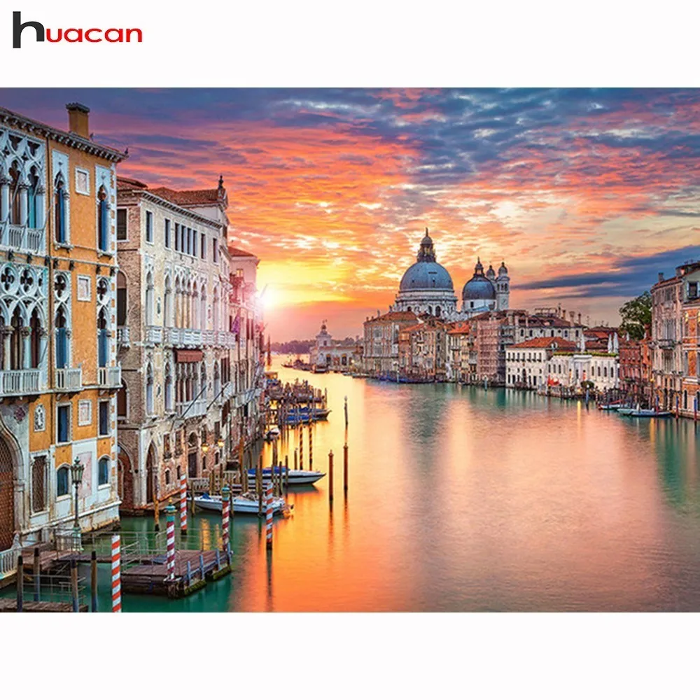 

Huacan Diamond Mosaic Full Square Scenery 5D Diamond Painting Rhinestone Diamond Embroidery Venice Beadwork Garden Decoration